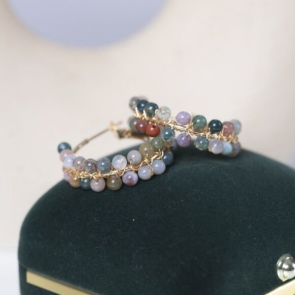 18K Gold Plated Boho Style Hoop Earrings 18K Colorful Natural Stone Hoops Gift - Picture 5 of 7